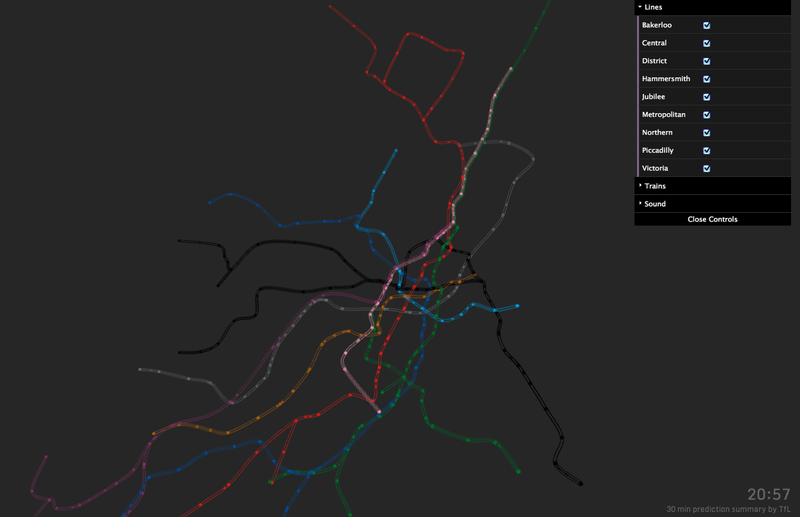Illustration for article titled Explore London's Tube In 3D With This Hypnotic Real-Time Map